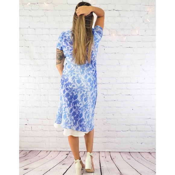 Y2K Floral Midi Dress Blue White Floral Short Sleeve Karin Stevens Size‎ Small - Picture 4 of 5
